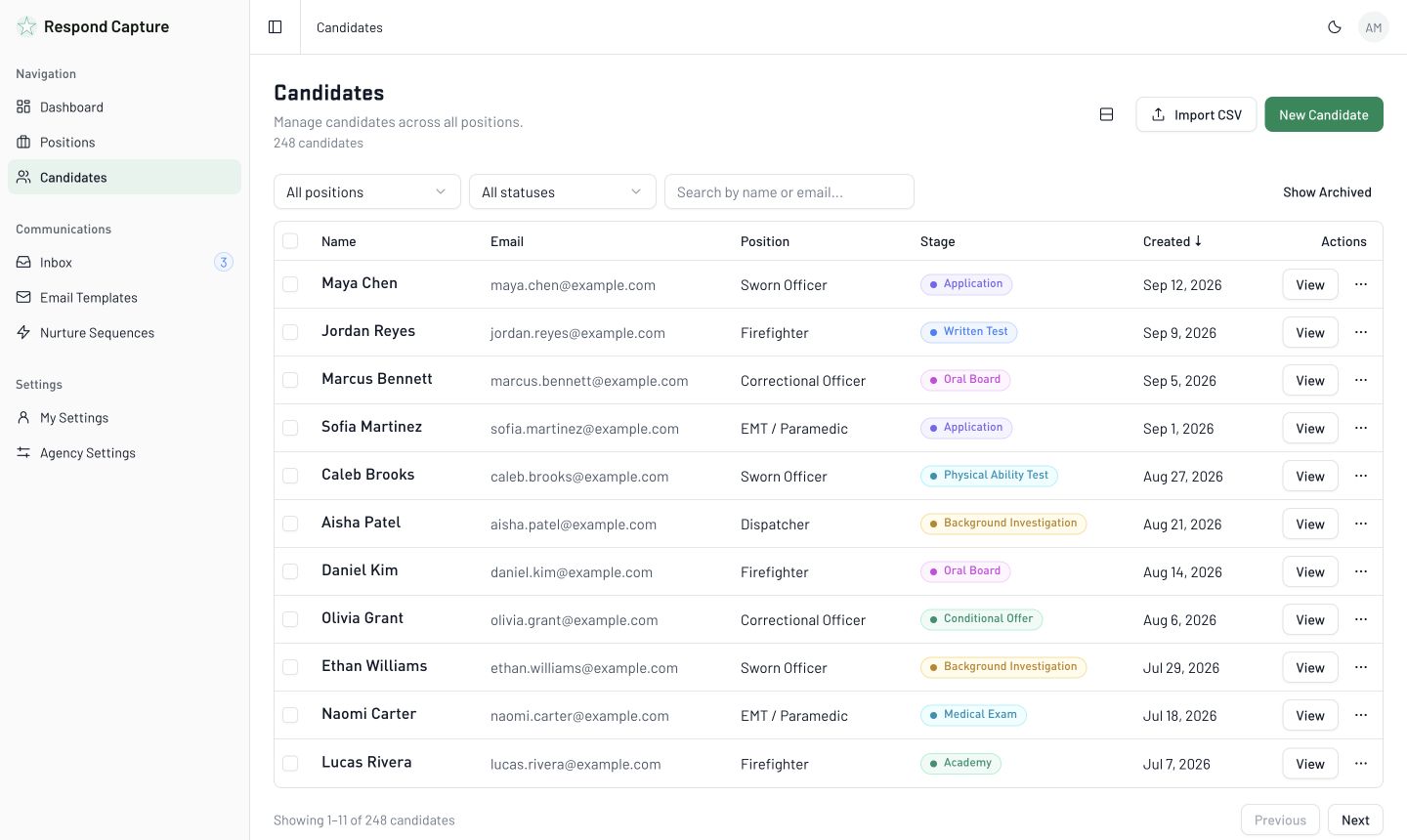 Respond Capture candidate list with illustrative recruiting data