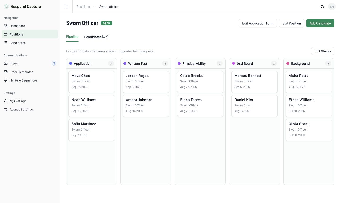 Respond Capture Kanban pipeline with illustrative recruiting data