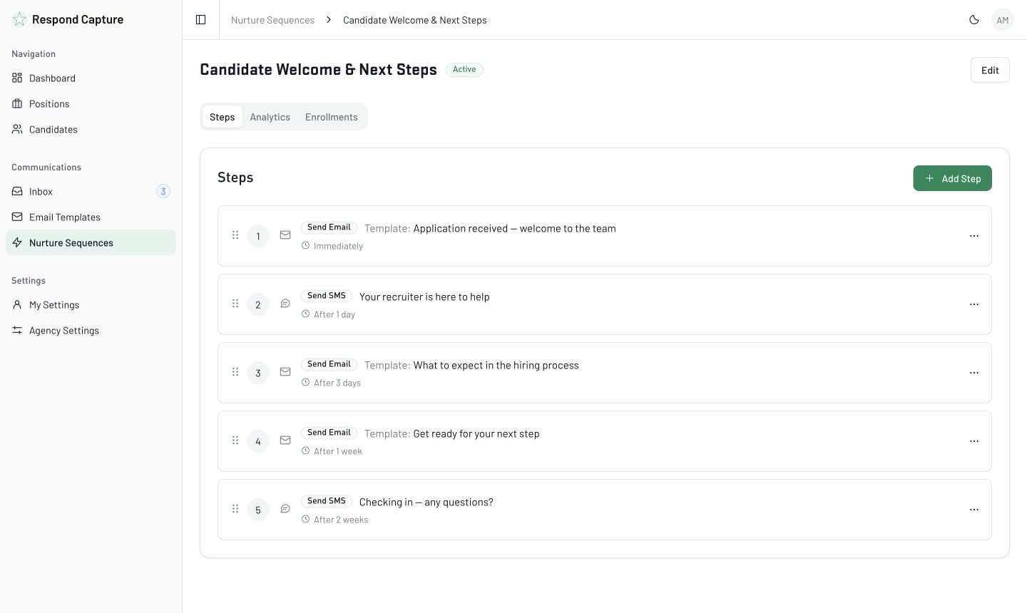 Respond Capture illustrative candidate welcome email and SMS sequence